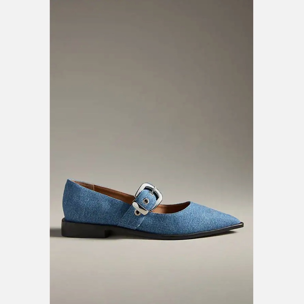 Anthropologie Blue Pointed-Toe Mary Jane Flats with Buckle